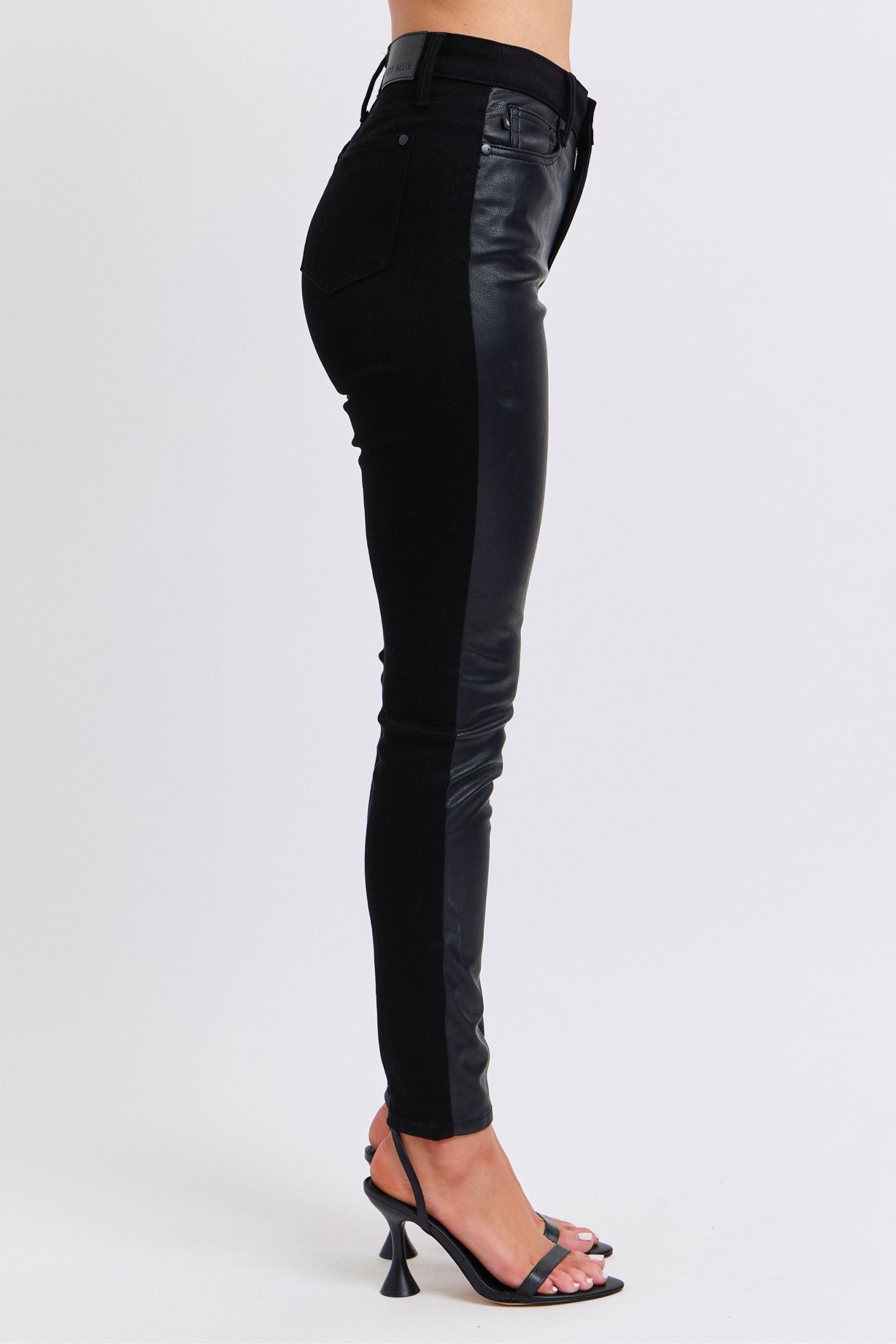 BLACK HIGH WAIST FAUX LEATHER *FRONT & DENIM *BACK SKINNY JEANS JUDY BLUE