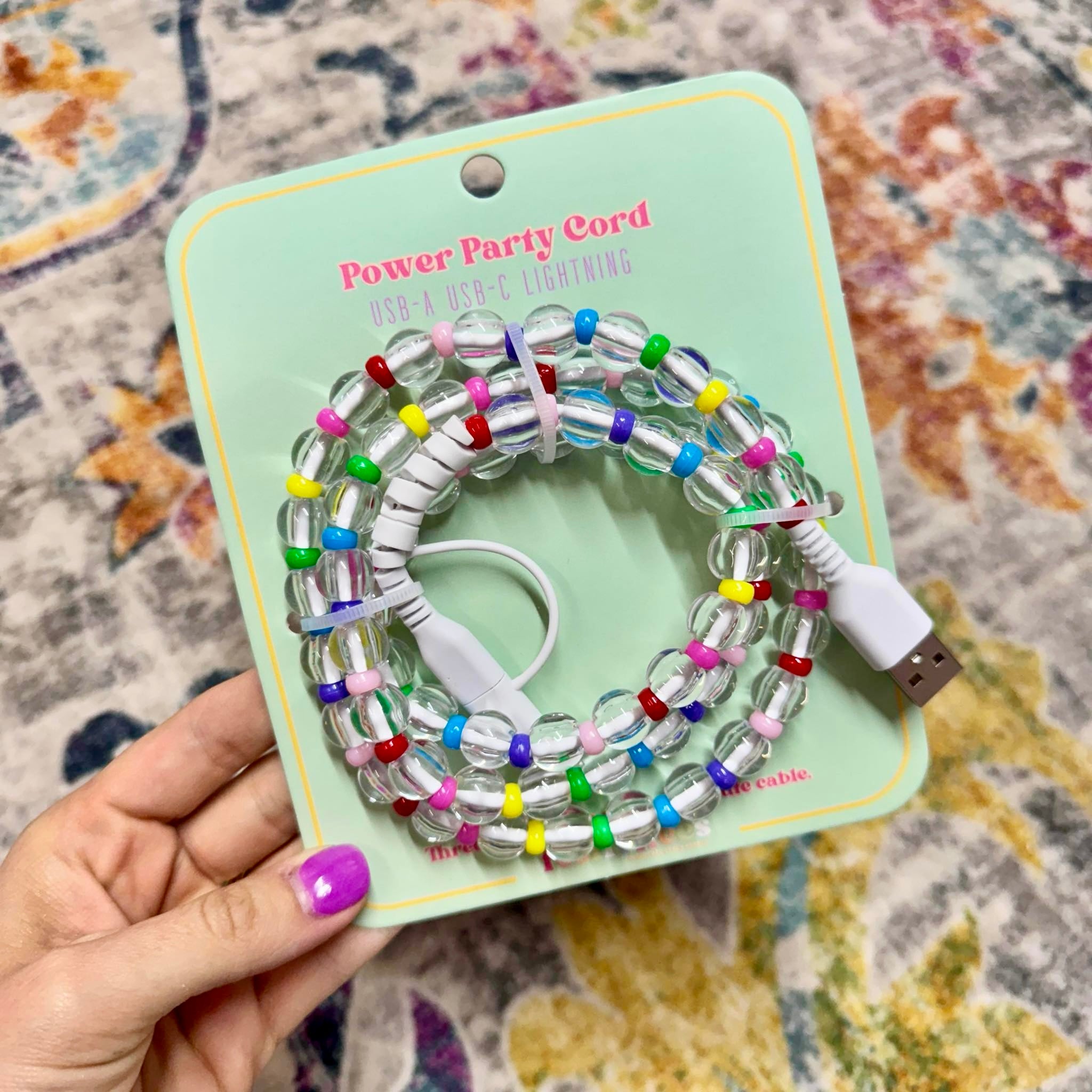 FANCY SMANCY BEADED CHARGING CABLES (USB-A TO DUAL USB-C / LIGHTENING 3 FOOT