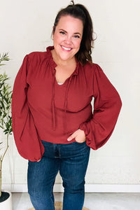 BURGUNDY FRILLED EDGED VNECK TIE LONG SLEEVE TOP-PLUS