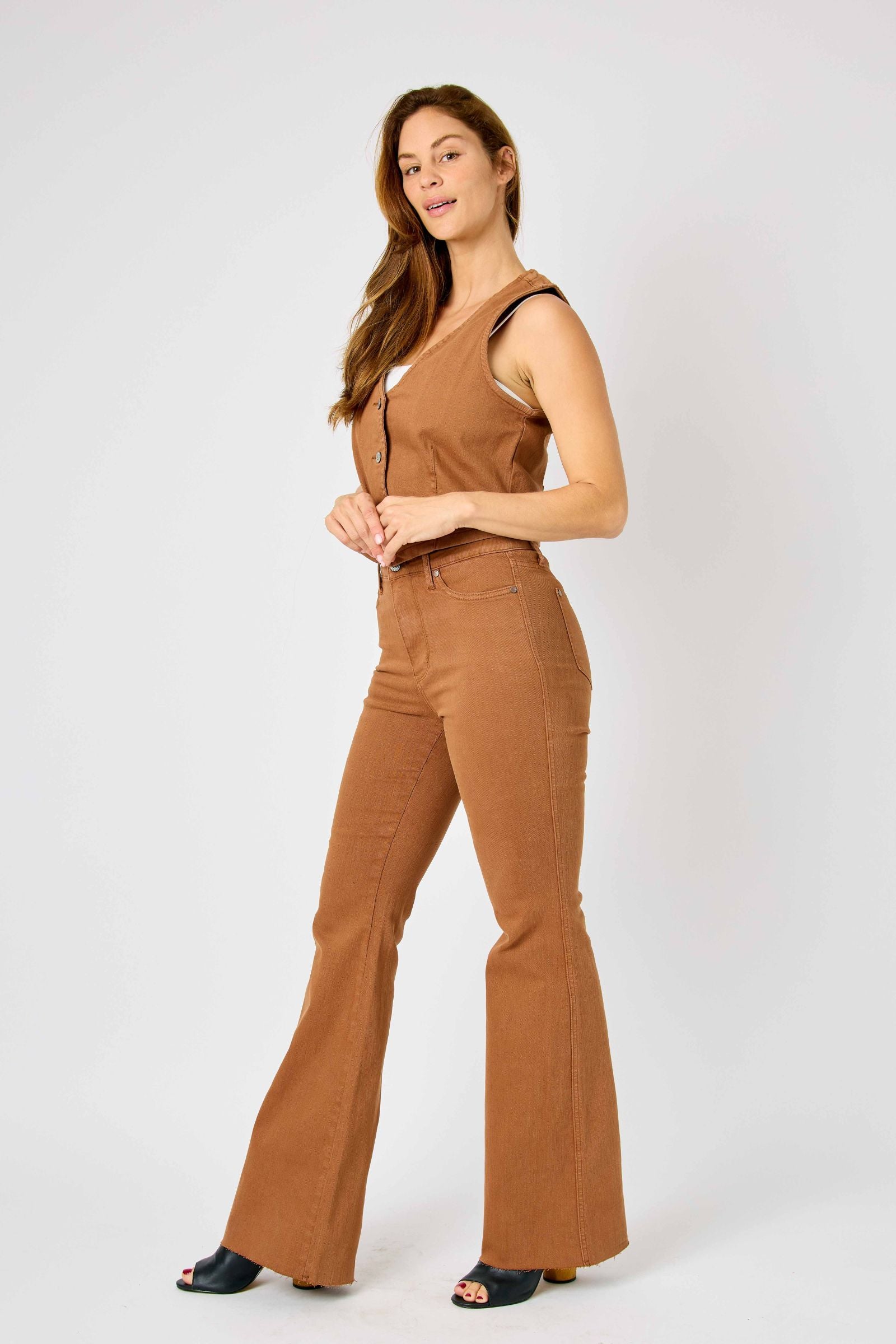 BROWN HIGH WAIST TUMMY CONTROL GARMENT DYED FLARE DENIM JUDY BLUE