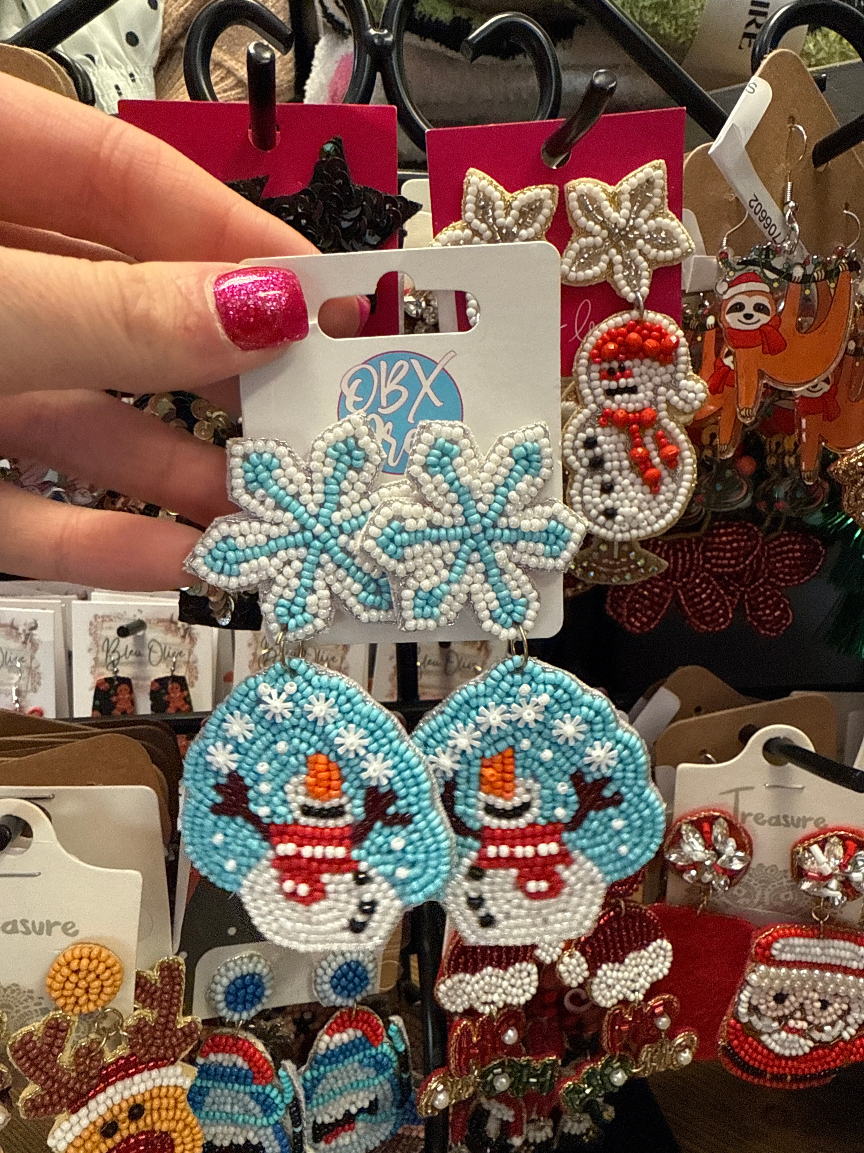 HAPPY WINTER SNOWMAN BLUE WHITE SEEDBEAD DANGLE EARRINGS