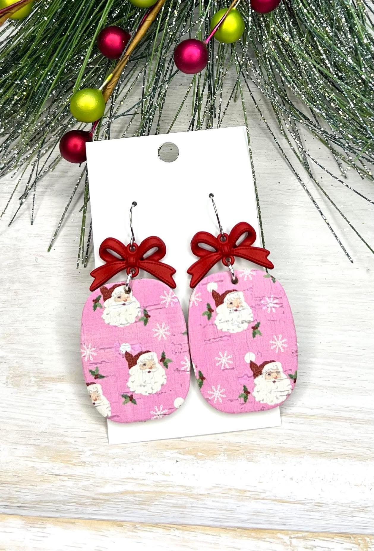 PINK SANTA CLAUS OVAL PRINTED WITH RED METAL BOWS HANDMADE EARRINGS BY B.O.D