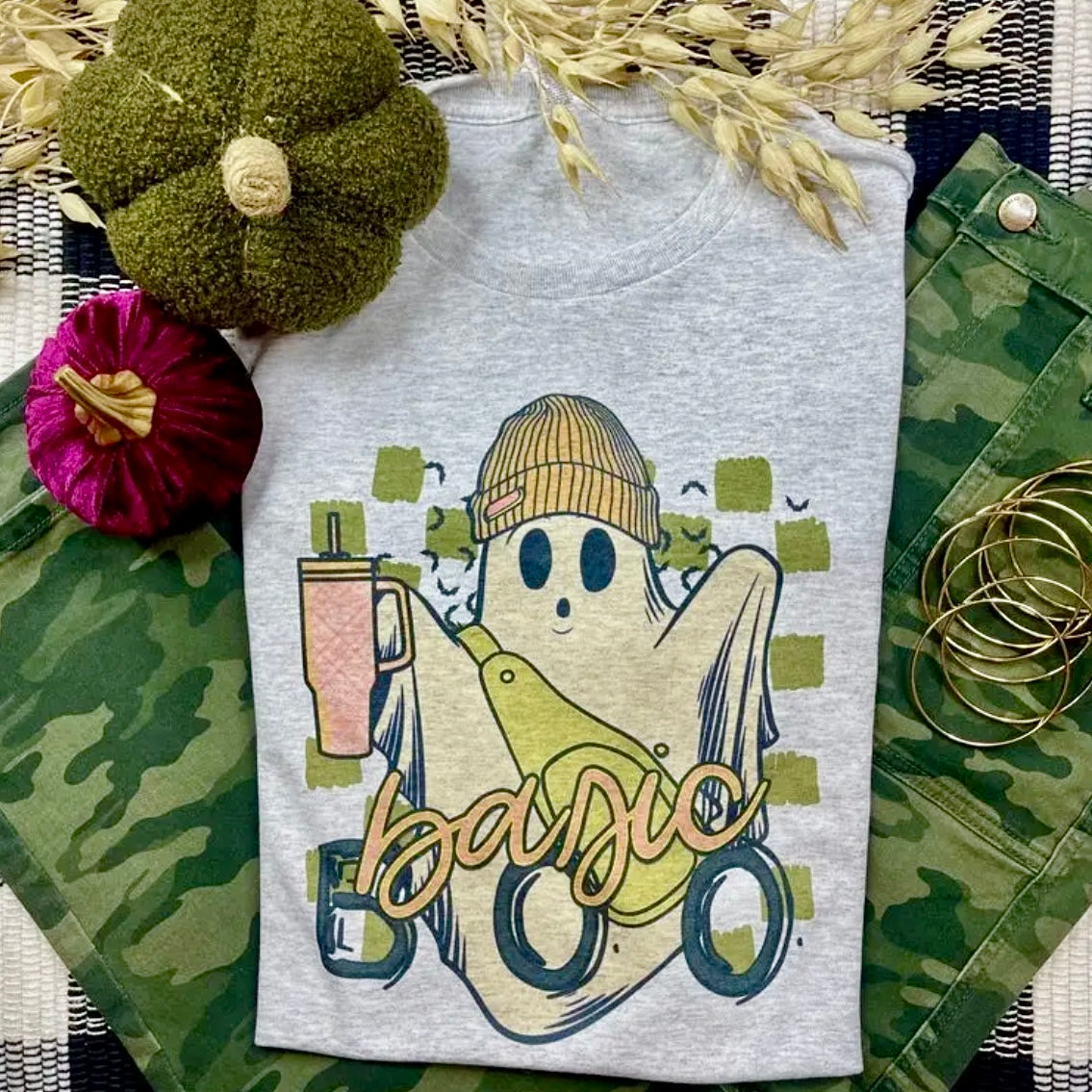 BASIC BOO GHOST HOLDING TUMBLER AND CROSSBODY CHECKERED GREY TEE- SALE