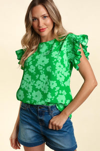 KELLY GREEN SMOCKED RUFFLE FRILLY SHORT SLEEVE FLORAL WOVEN BLOUSE