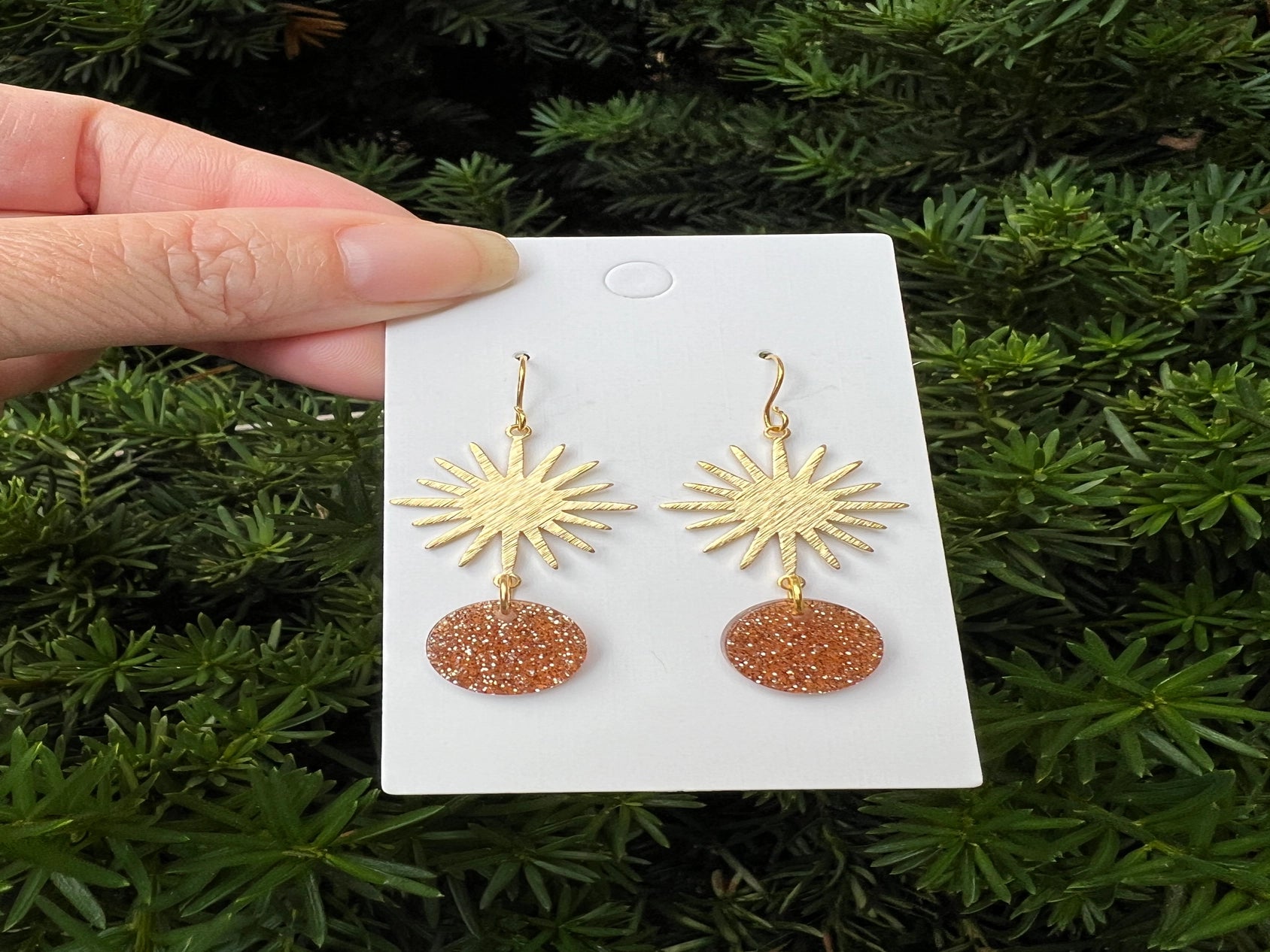 CINNAMON GLITTER GOLD SUNBURST METAL ACRYLIC HANDMADE BBB EARRINGS