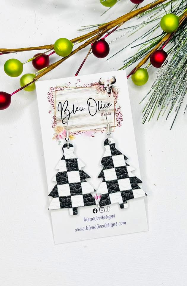 CHRISTMAS TREE CUTOUT LEATHER LIGHTWEIGHT HANDMADE EARRINGS BY B.O.D