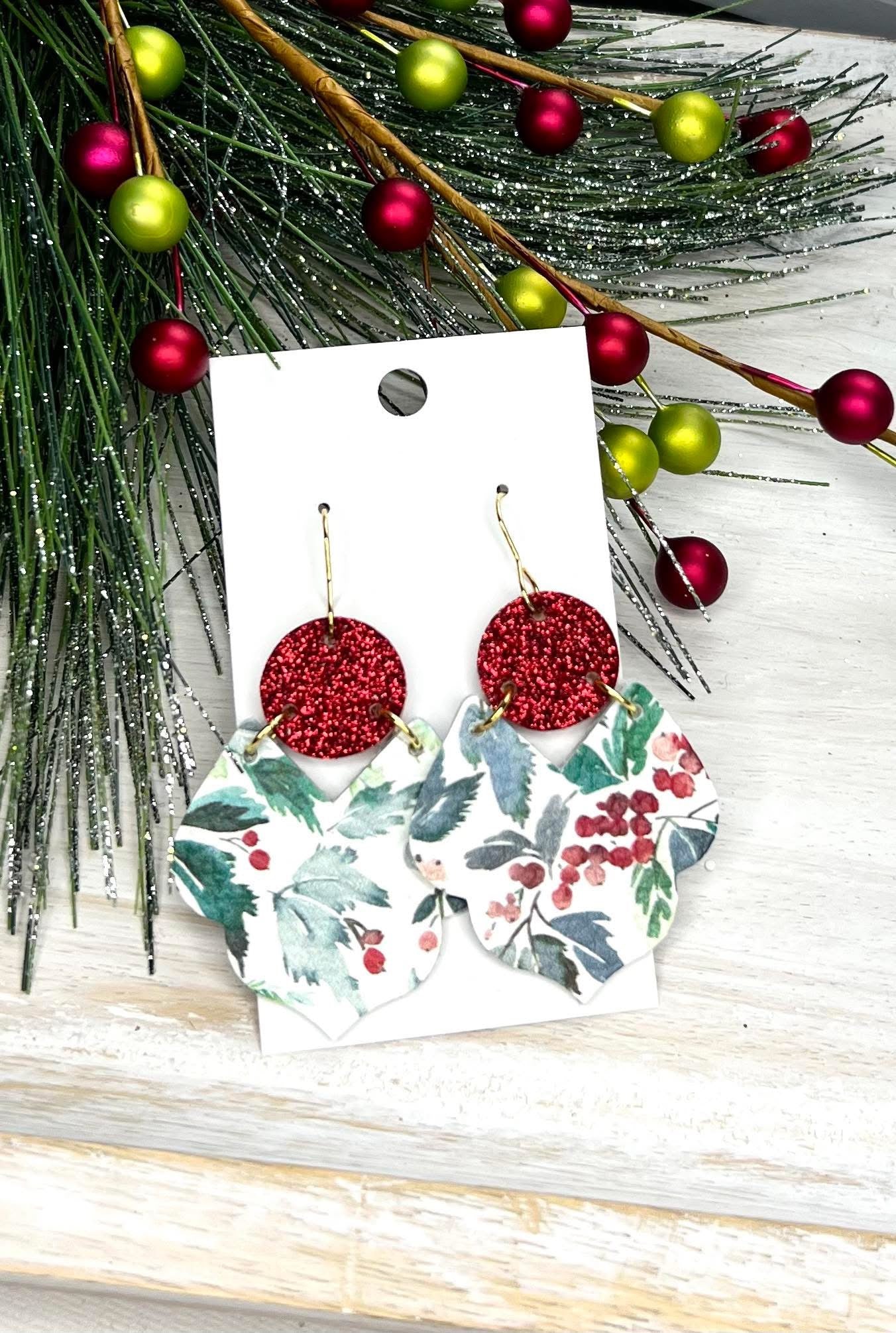 CHRISTMAS BERRIES & HOLLY GEO SHAPE TWO TIER HANDMADE EARRINGS BY B.O.D