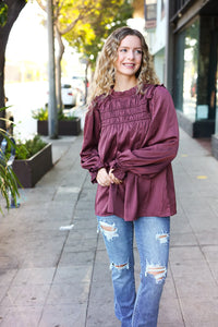 WINE MARSALA BE YOUR BEST SATIN SHIRRED YOKE FRILLY MOCK NECK BLOUSE