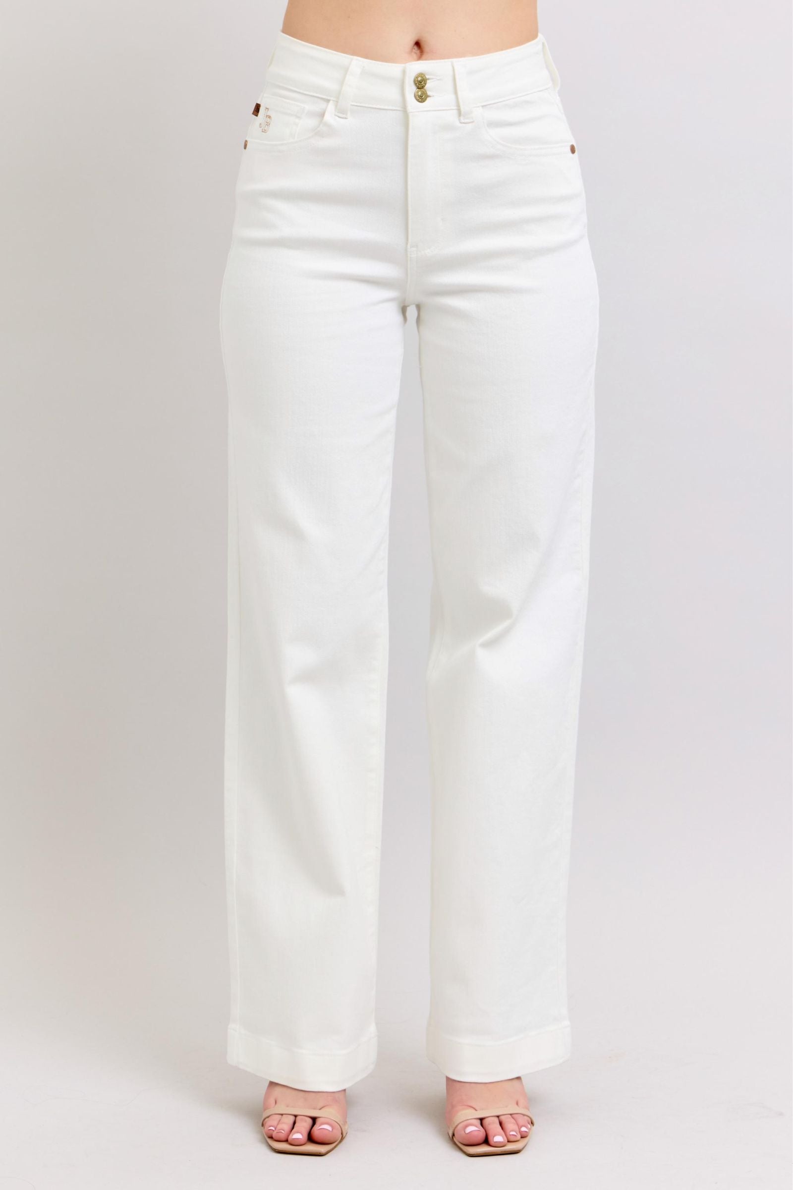 HIGH WAIST DOUBLE BUTTON WAISTBAND TROUSER WHITE WIDE LEG COIN POCKET EMBROIDERY DETAIL JUDY BLUE DENIM-PLUS