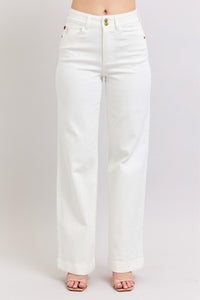 HIGH WAIST DOUBLE BUTTON WAISTBAND TROUSER WHITE WIDE LEG COIN POCKET EMBROIDERY DETAIL JUDY BLUE DENIM-PLUS