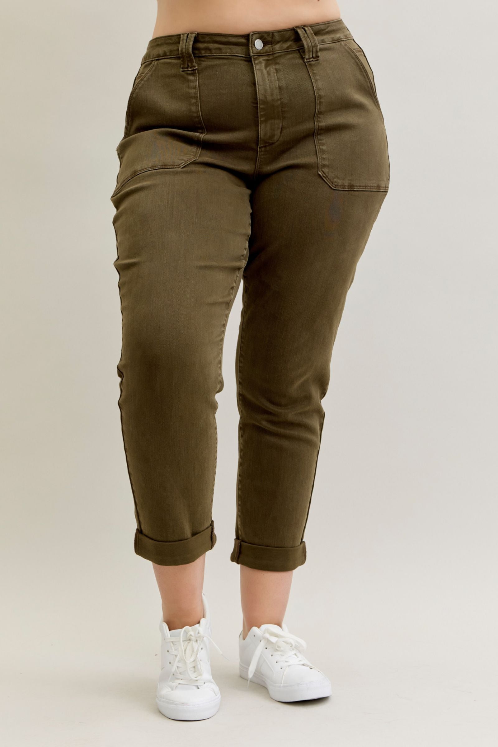 DARK FOREST GREEN HIGH WAIST AURORA WEEKENDER GARMENT DYED CUFFED JUDY BLUE DENIM-PLUS