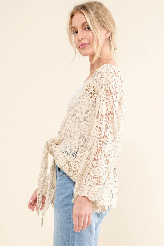 IVORY CROCHET TIE HEM CARDIGAN-PLUS