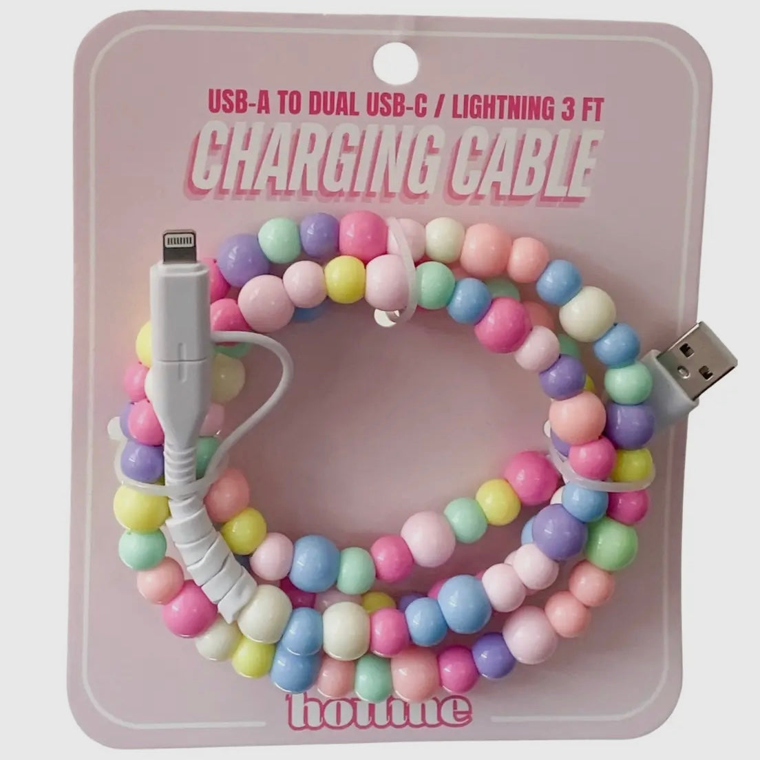 FANCY SMANCY BEADED CHARGING CABLES (USB-A TO DUAL USB-C / LIGHTENING 3 FOOT