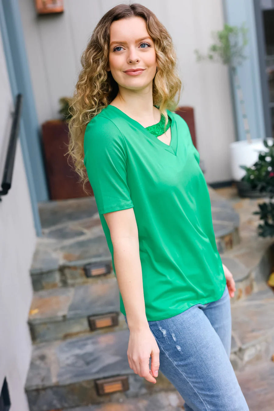 SEQUIN KELLY GREEN ASSYMETRICAL TOP- SALE
