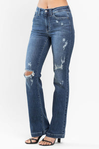 DARKWASH MID RISE HAND SAND DESTROYED BOOTCUT JUDY BLUE DENIM-PLUS