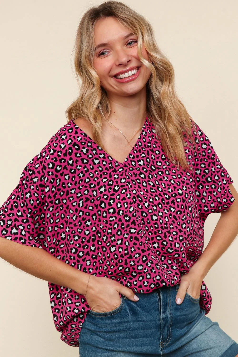 HOT PINK MAGENTA BLACK LEOPARD WOVEN VNECK BLOUSE-PLUS