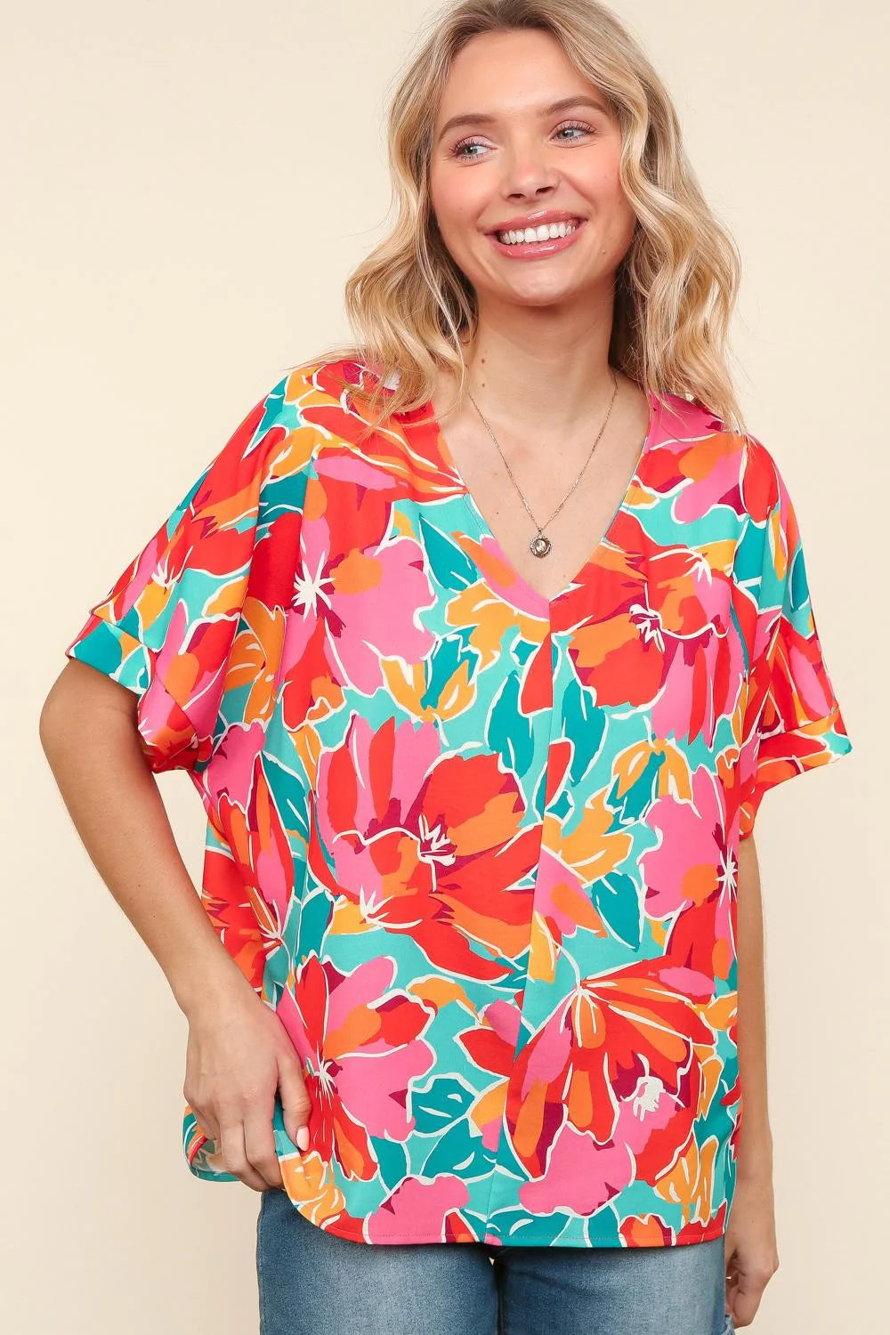 AQUA FUCHSIA FLORAL WOVEN DOLMAN BLOUSE