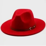 Red Leather Belt Unisex Flat Brim Fedora Hat