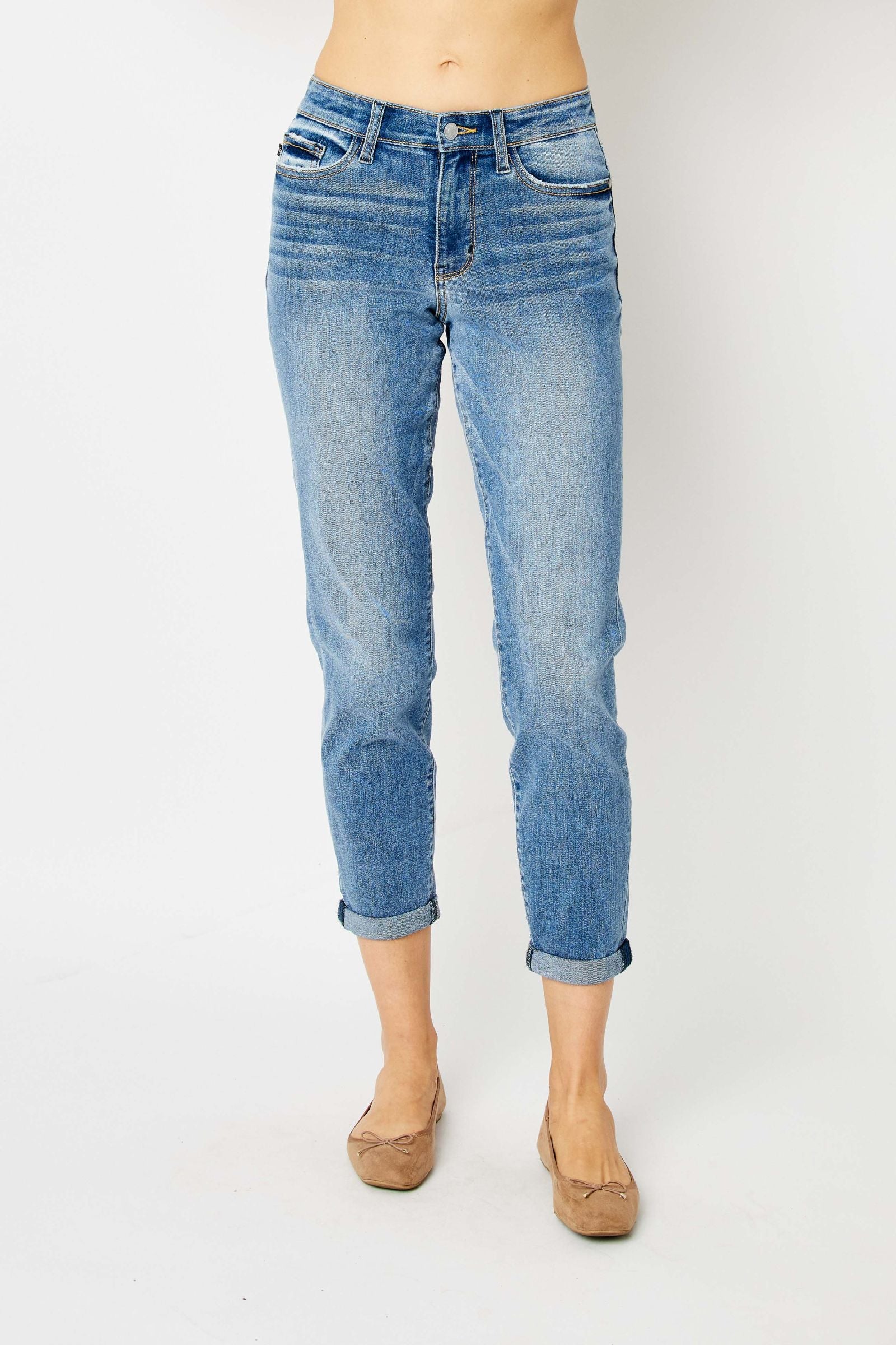MEDIUM WASH MIDRISE CUFFED SLIM JUDY BLUE DENIM-PLUS
