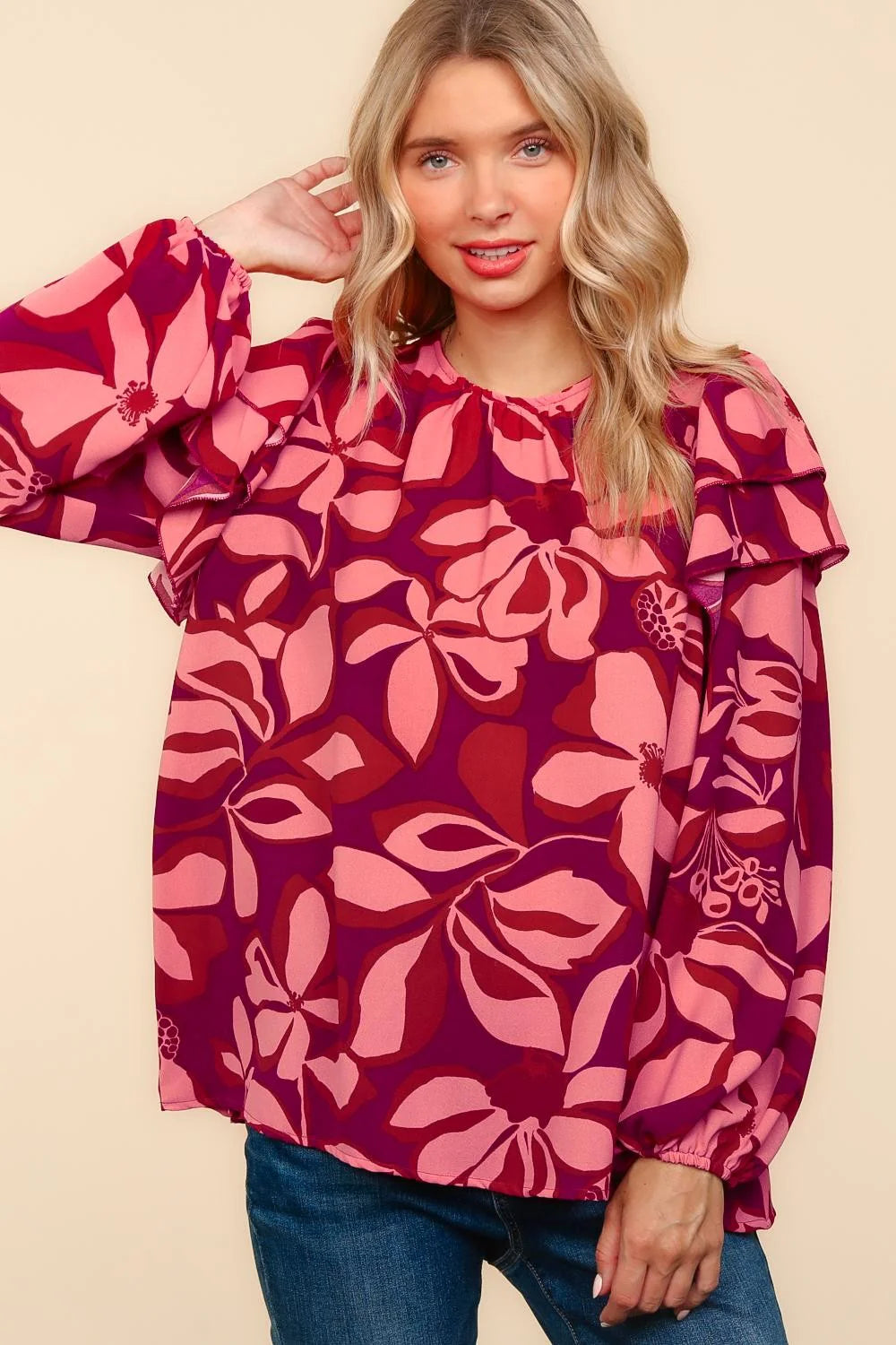 FLORAL RUFFLE SLEEVE BUBBLE LONG SLEVE WOVEN RED FUCHSIA TOP-PLUS
