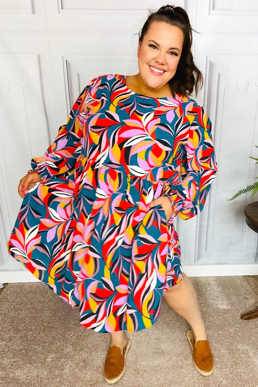 PERFECTLY YOU TEAL ABSTRACT PRINT SMOCKED CUFF BUBBLE SLEEVE DRESS-PLUS