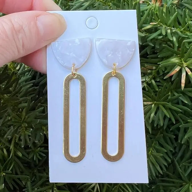 IVORY WHITE GOLD OVAL OBLONGATED ACRYLIC METAL STATEMENT HANDMADE BBB EARRINGS
