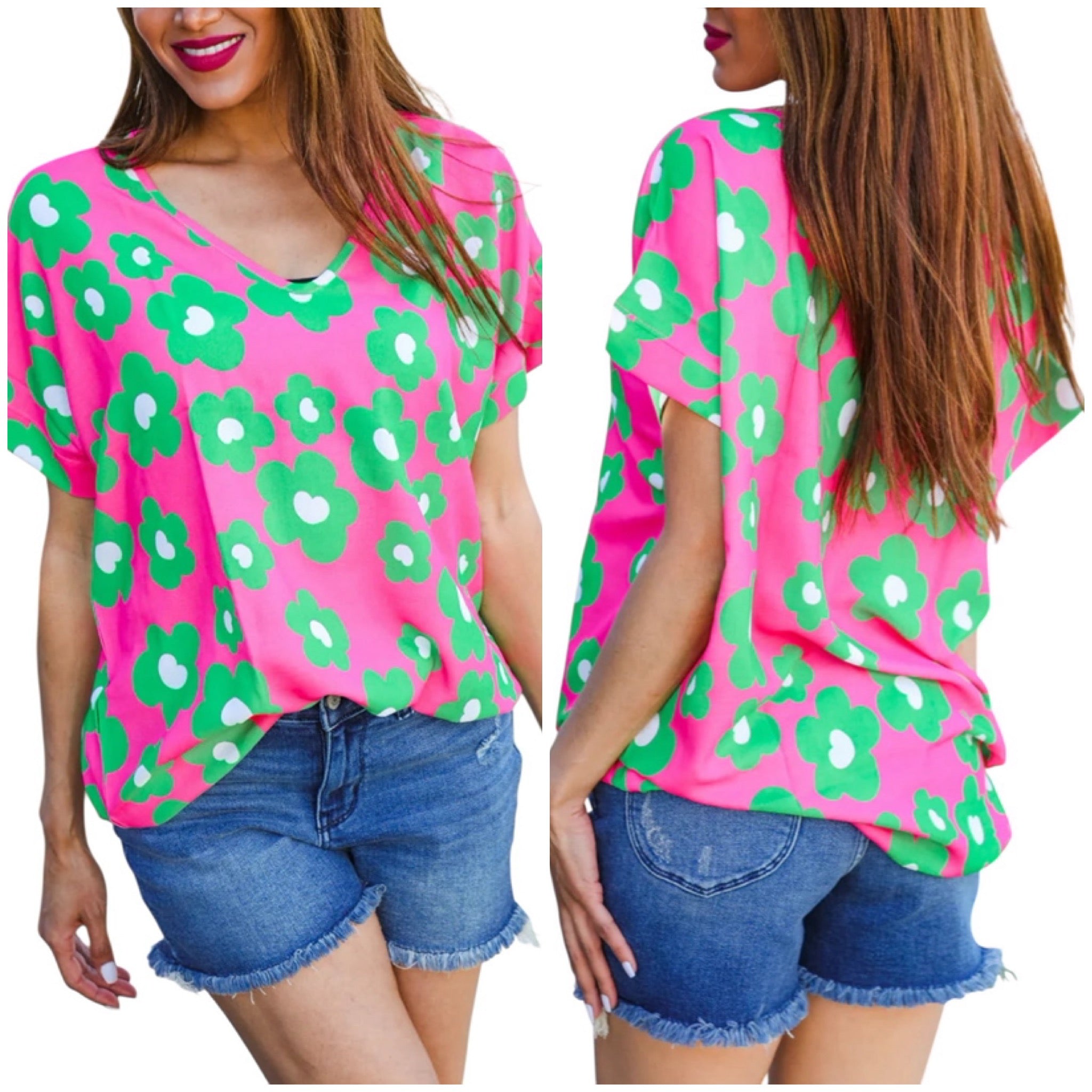 FUCHSIA GREEN FLORAL DOLMAN TOP - SALE- SMALL, MEDIUM & LARGE AVAILABLE