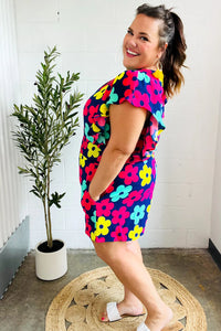 NAVY PINK MAGENTA YELLOW WHITE FEELING BOLD FLORAL SMOCKED WAIST FLUTTER ROMPER-PLUS