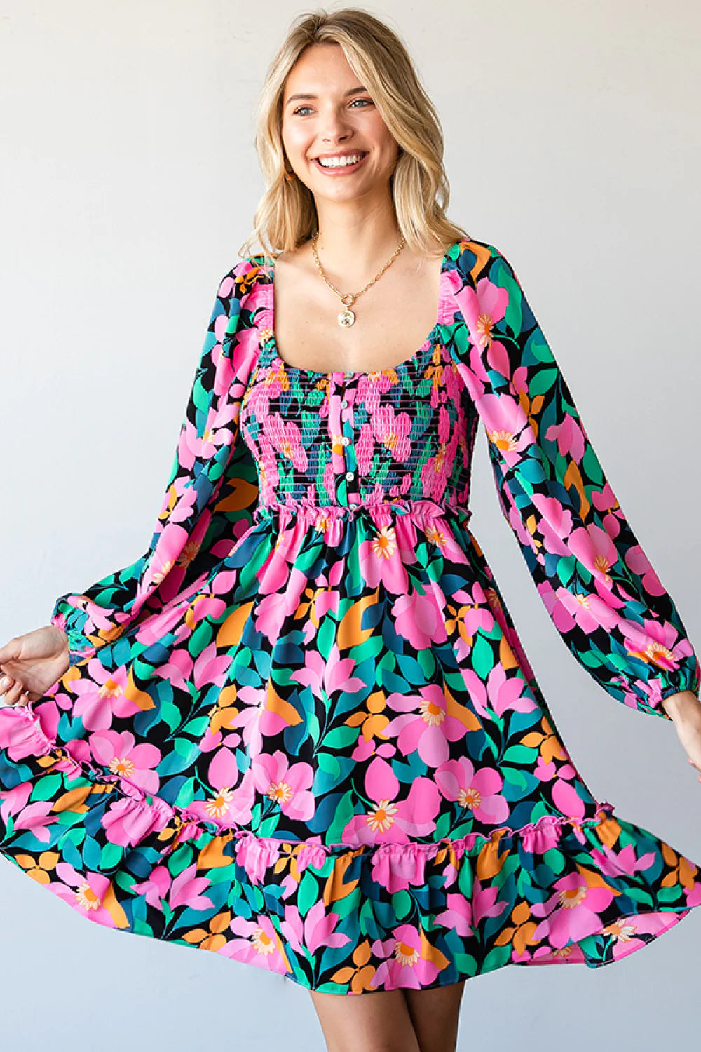 BLACK HOT PINK ORANGE GREEN BLUE FLORAL PRINT SMOCKED FIT & FLARE DRESS