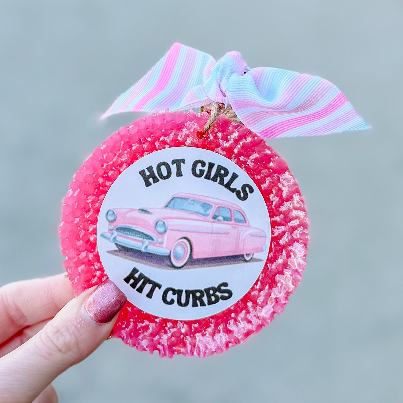 STRAWBERRY HOT GIRLS HIT CURBS RETRO VINTAGE PINK CAR FRESHIE WITH RIBBON