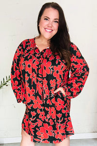 BLACK RED RUST FLORAL BUTTERY SOFT POCKETED TIE FRONT DRESS