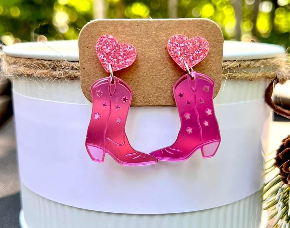Shiny Pink Cowgirl Boot Earrings
