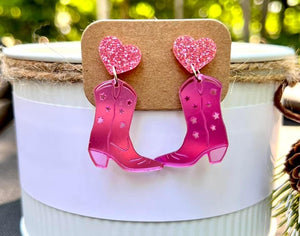 Shiny Pink Cowgirl Boot Earrings