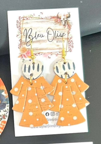 MUSTARD POLKA DOT IVORY BLACK DOTTED TWO TIER LEATHER HANDMADE EARRINGS BY B.O.D