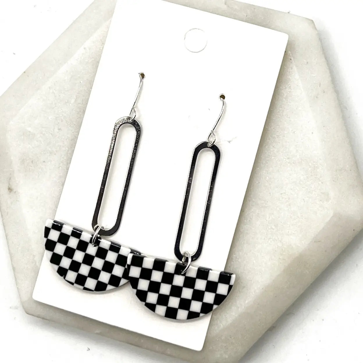 BLACK & WHITE CHECKERED PRINT SILVER SWING ACRYLIC HALF CIRCLE STATEMENT HANDMADE BBB EARRINGS