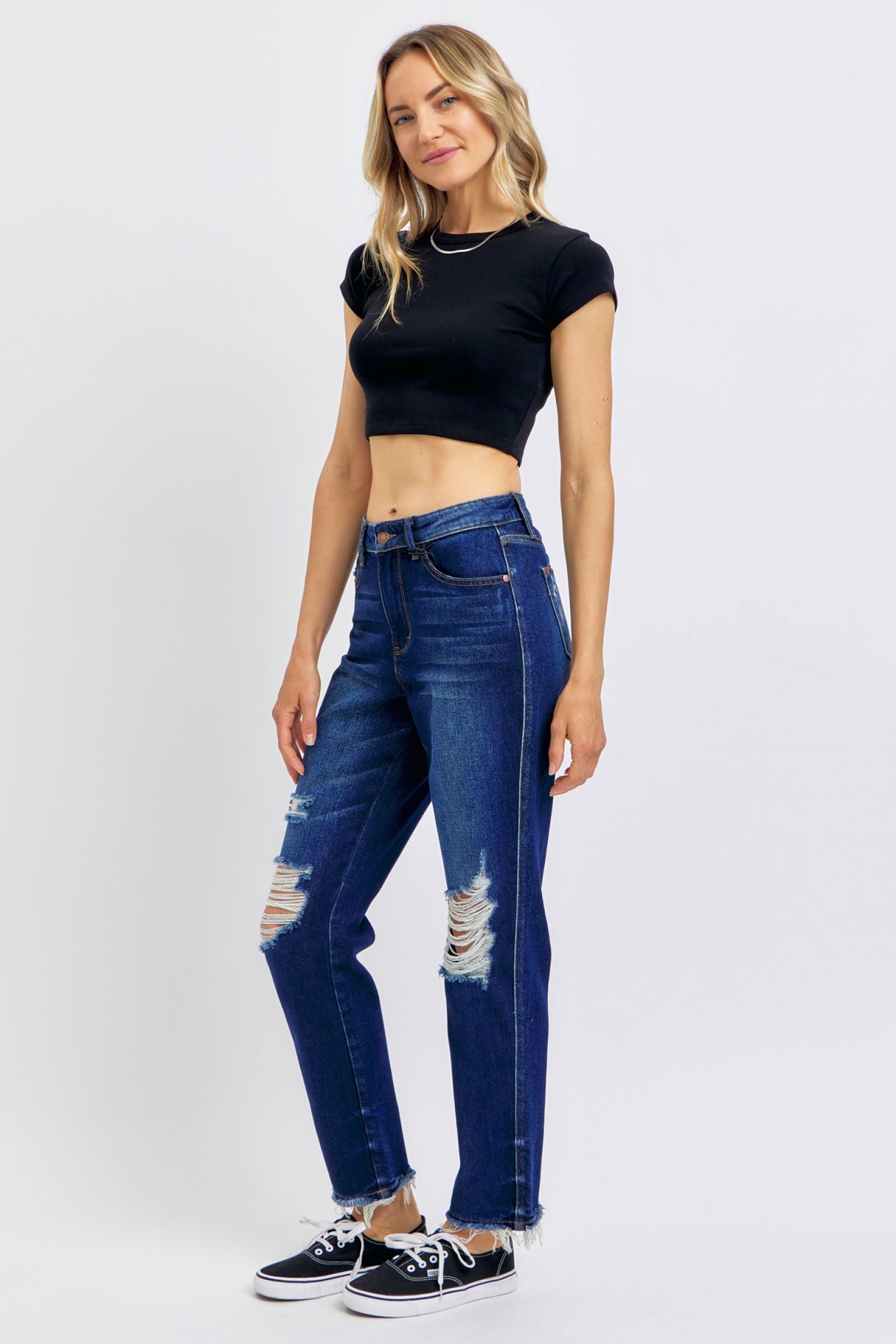 HIGH WAIST RIGID MAGIC HEAVY DESTROYED STRAIGHT DARKWASH JUDY BLUE DENIM-PLUS