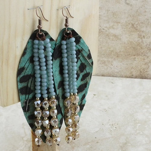 TEAL FEATHER BEADED TASSEL EARRINGS