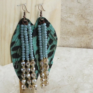 TEAL FEATHER BEADED TASSEL EARRINGS