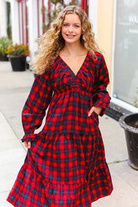 CHRISTMAS PLAID RUFFLE VNECK ELASTIC WAIST MAXI DRESS