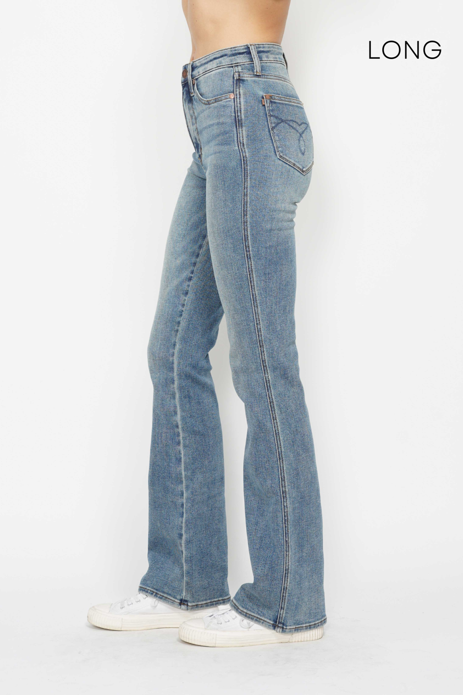 *SHORT INSEAM* HIGH WAIST TUMMY CONTROL MEDIUM WASH BACK POCKET EMBROIDERY BOOTCUT JUDY BLUE DENIM