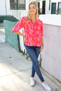 RED PINK RIBBON BOW FLORAL WOVEN TOP-PLUS