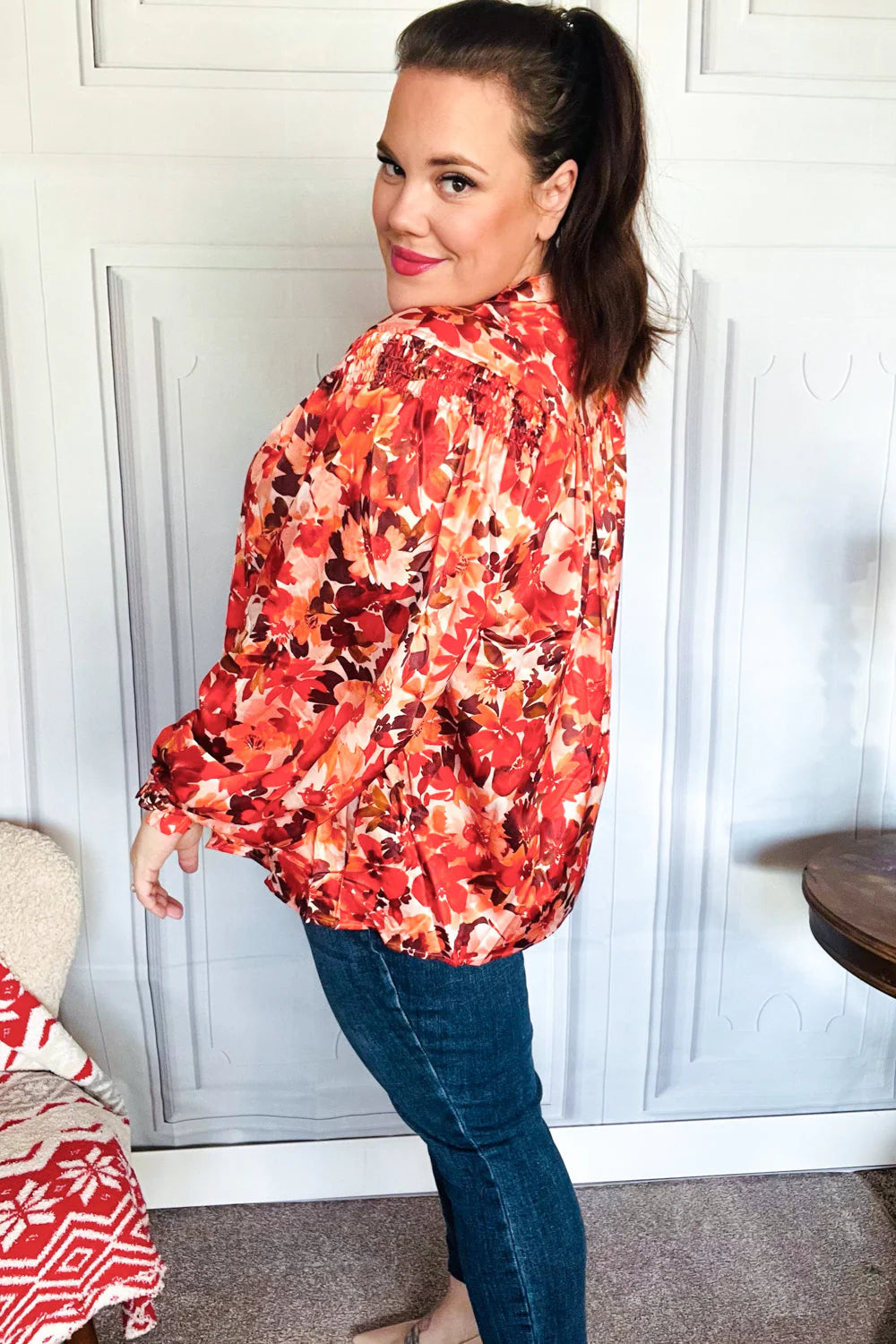 FALL VIBES RUST FLORAL PRINT NOTCHED NECK SMOCKED SATIN BLOUSE-PLUS