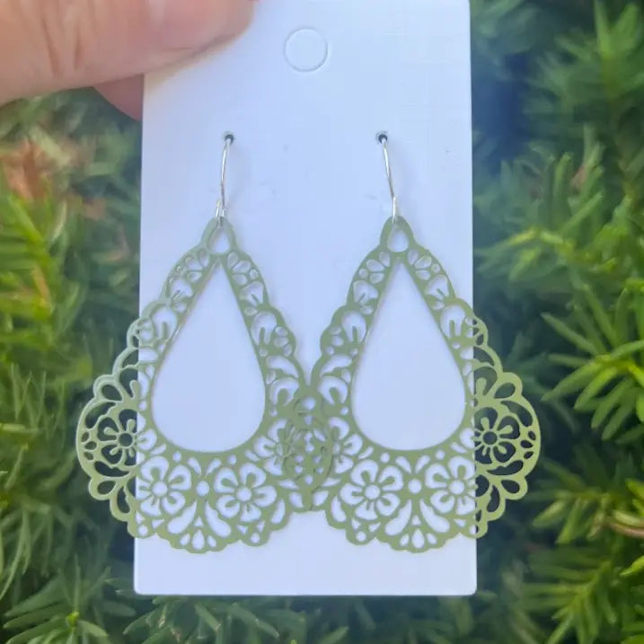 OLIVE SAGE GREEN FILIGREE TEARDROP METAL STATEMENT HANDMADE BBB EARRINGS