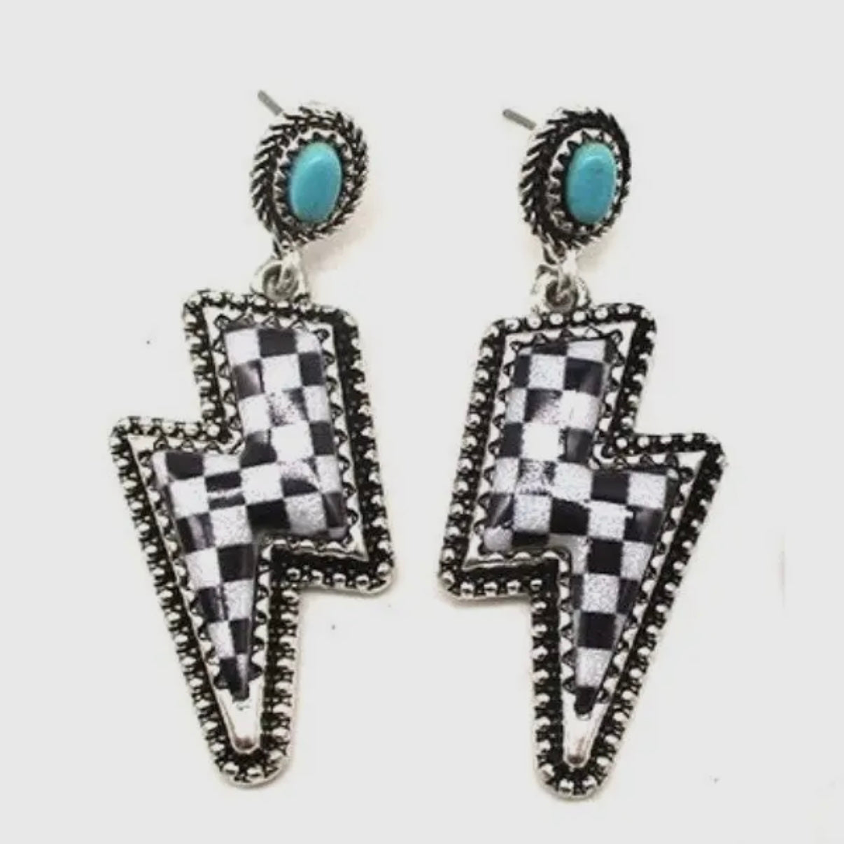 CHECKERED PRINT LIGHTENING BOLT DANGLE TURQUOISE STONE EARRINGS