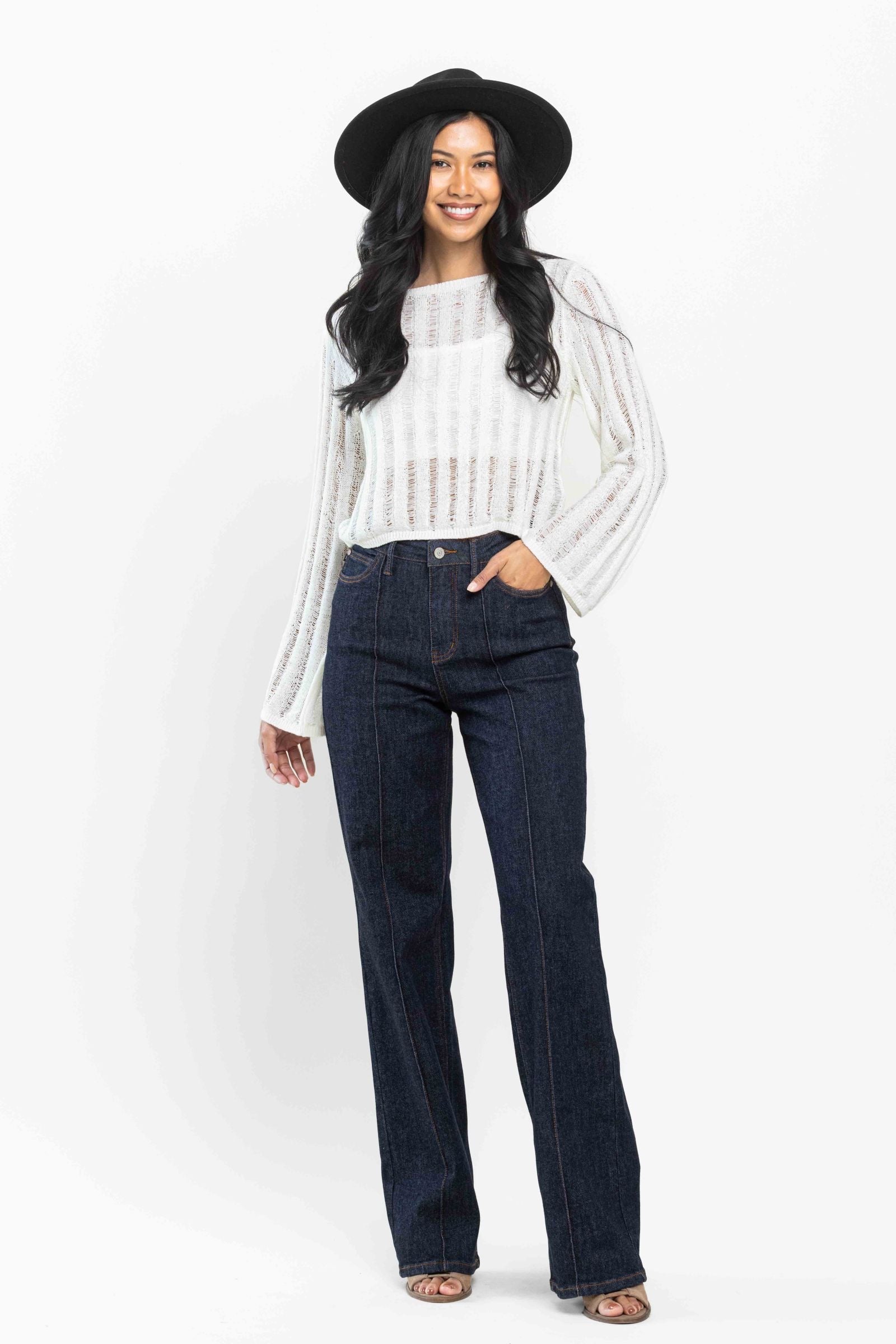 Judy Blue Darkwash High Waist Front Seam Dart Detail Wide Leg Denim- SIZE: 0 left.