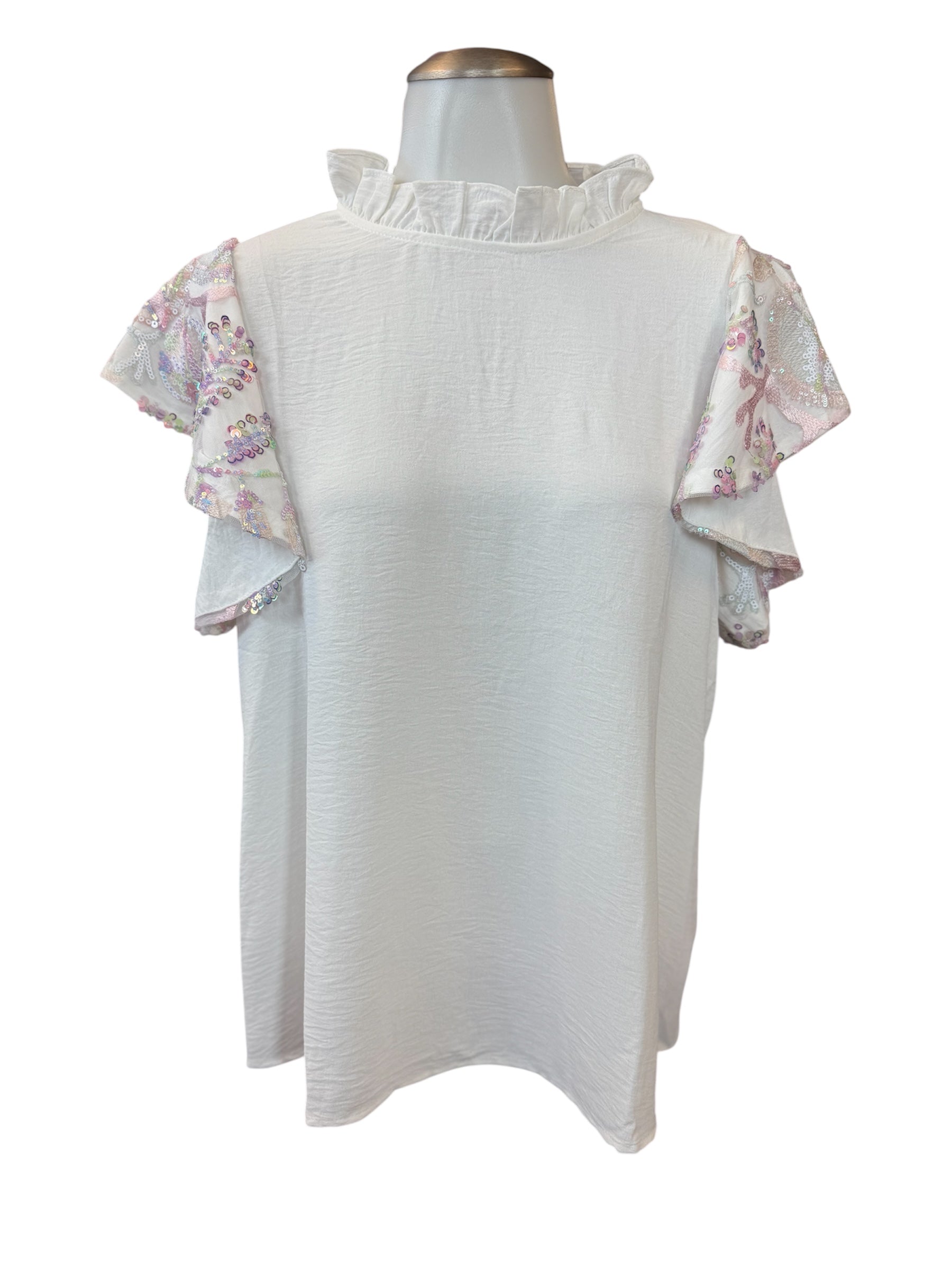 WHITE IRIDESCENT SEQUIN FLUTTER SLEEVE BLOUSE- SALE- MEDIUM & LARGE AVAILABLE
