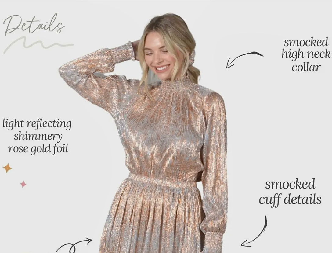 ROSE GOLD METALLIC MOCK NECK PLEATED LONG SLEEVE BLOUSE- SALE