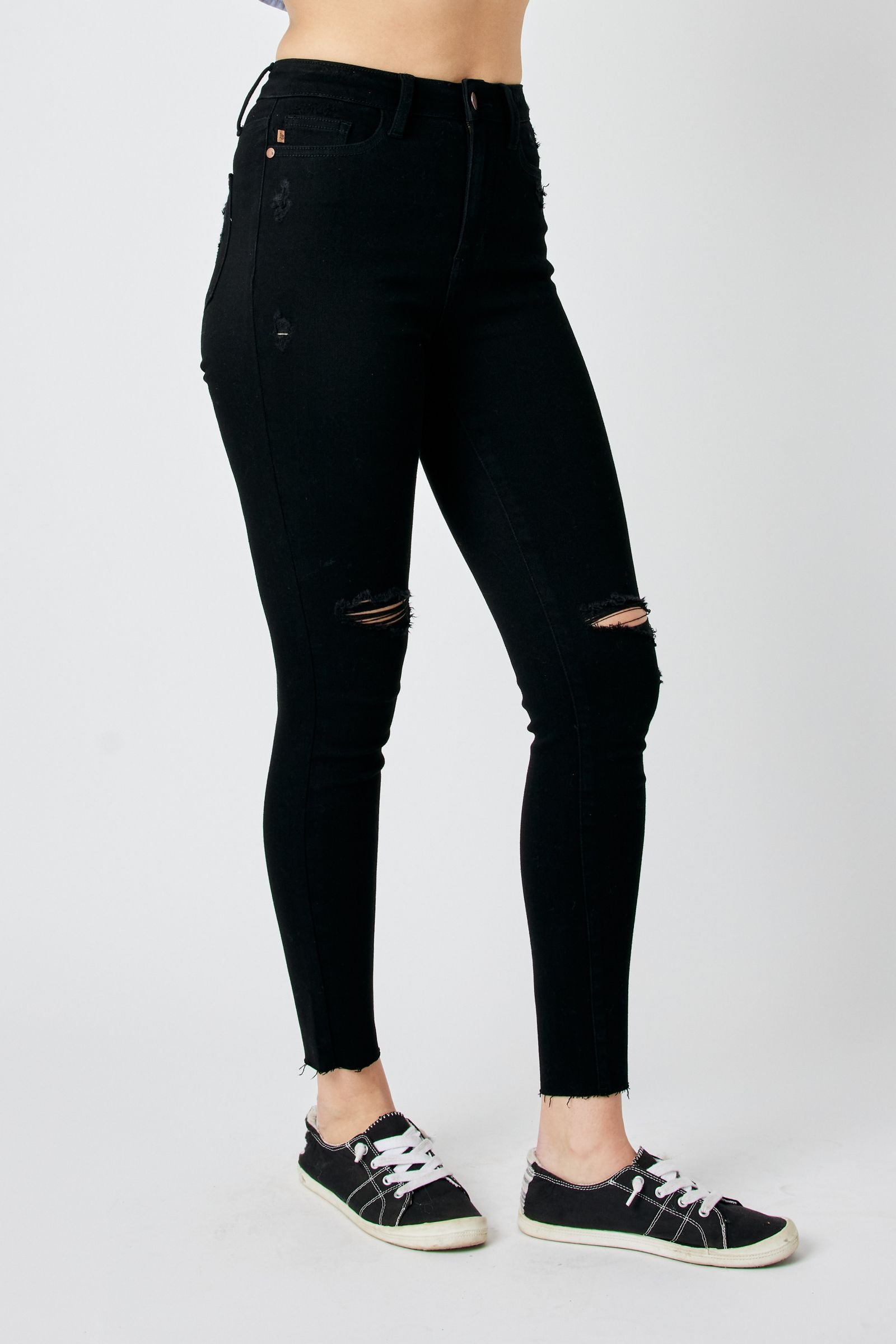 BLACK JUDY BLUE HIGH WAIST HEAVY DESTROYED RAW HEM SKINNY DENIM-PLUS