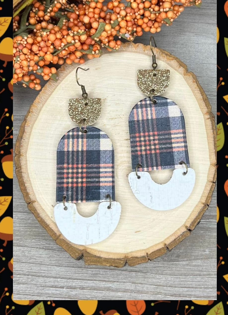 NAVY RUST PLAID FLANNEL-LOOKING PRINTED LEATHER GEOMETRIC SHAPED GOLD GLITTER HANDMADE EARRINGS BY B.O.D