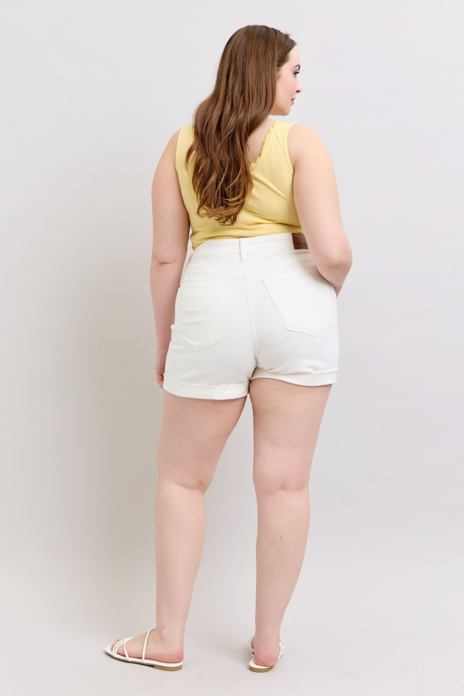 WHITE DOUBLE ROLL CUFFED JUDY BLUE SHORTS-PLUS